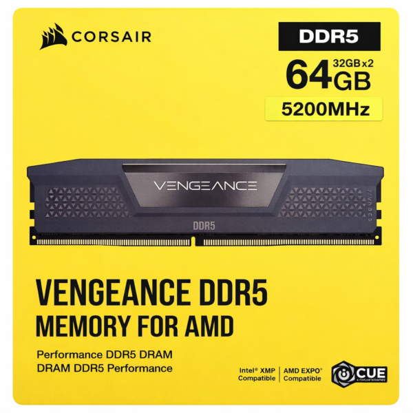 CORSAIR VENGEANCE® 64GB (2x32GB) DDR5 DRAM 5200MTs CL40 Memory Kit — Black