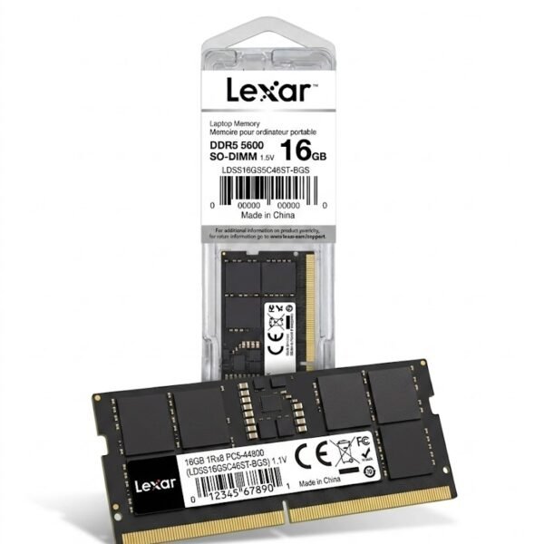 Lexar 16GB DDR5 SO-DIMM laptop memory module with its plastic retail packaging in the background.