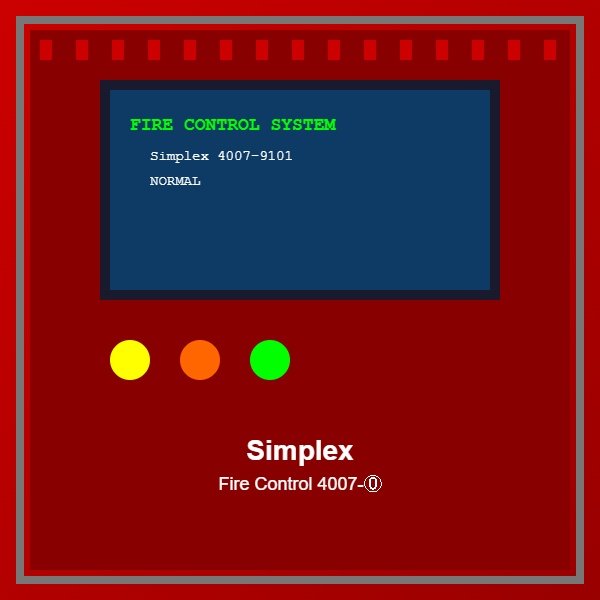 Fire control panel with a blue monitor showing 'FIRE CONTROL SYSTEM' and status 'NORMAL', plus yellow, orange, and green indicator lights.