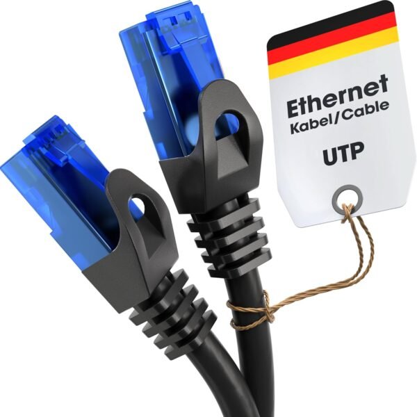 kabeldirekt-25m-ethernet - Tech Spot Two blue Ethernet cables with RJ45 connectors and a tag that says Ethernet Kabel/Cable UTP